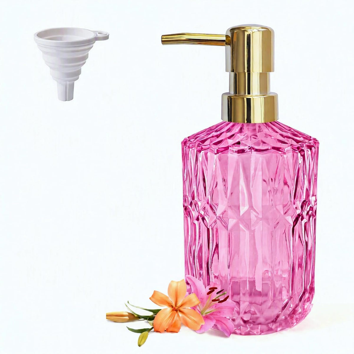 LaMarriti Pink Glass Soap Dispenser with Gold Rust Proof Pump, Refillable Thick Glass Kitchen Soap Dispenser, Lotion Dispenser Bathroom for Hands Soap, Dish Soap, Body Wash