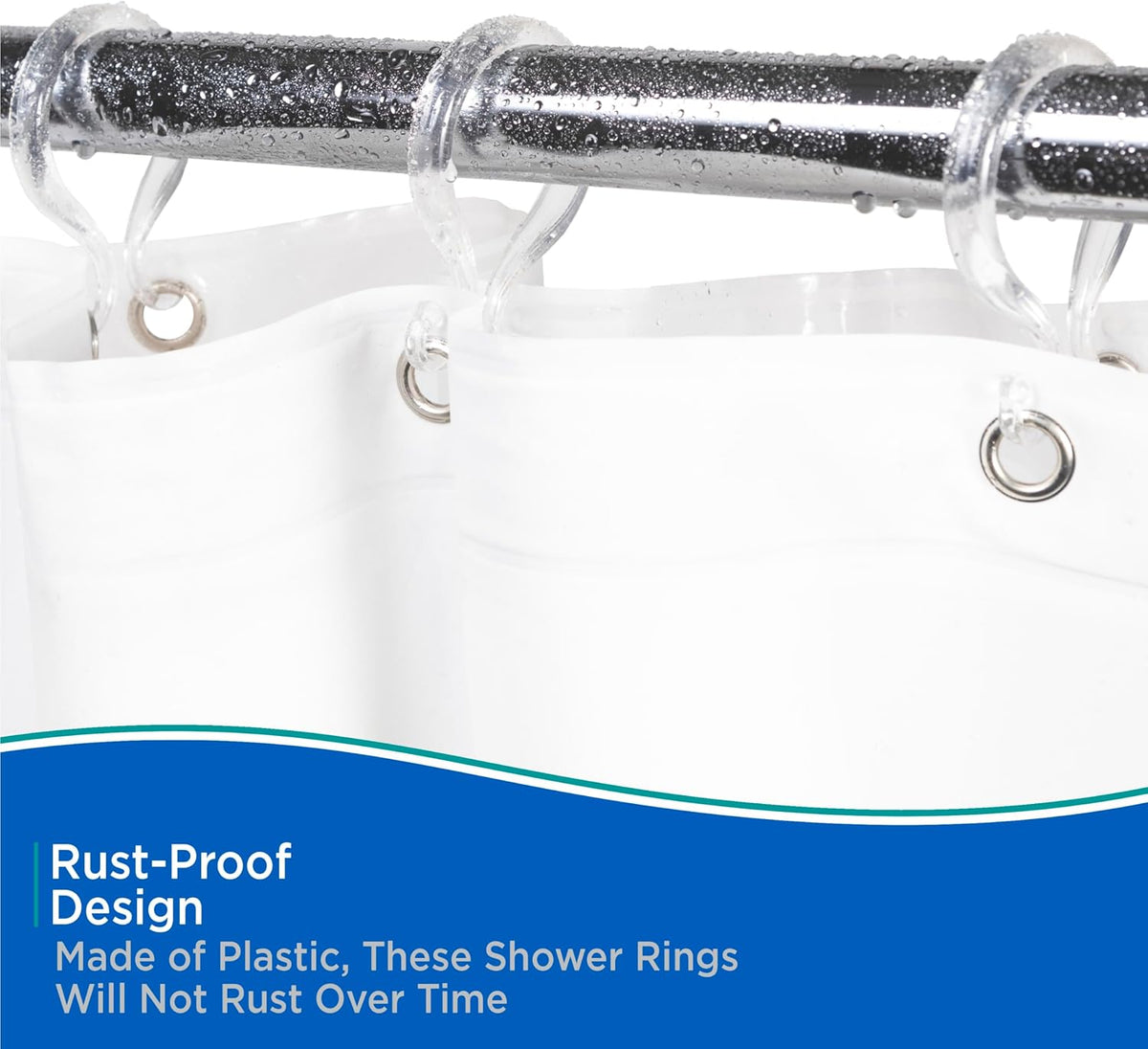 Kenney - Shower Curtain Rings, Rust-Proof Plastic Double Hooks with Smooth Glide Design, Fits Standard Shower Curtain Rods, Easy Installation, Clear, 12 Pack