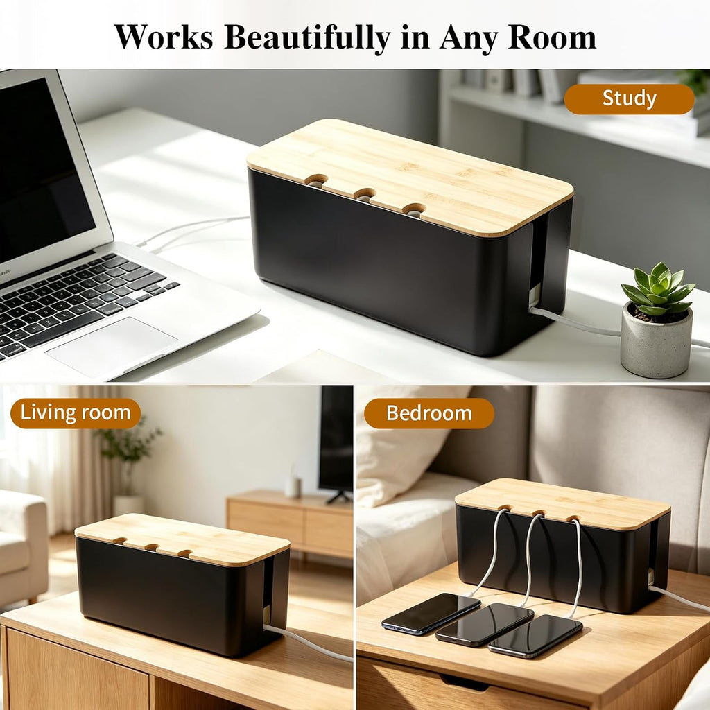 2 Pack Cable Management Box, Wooden Style Cord Organizer Box,Black