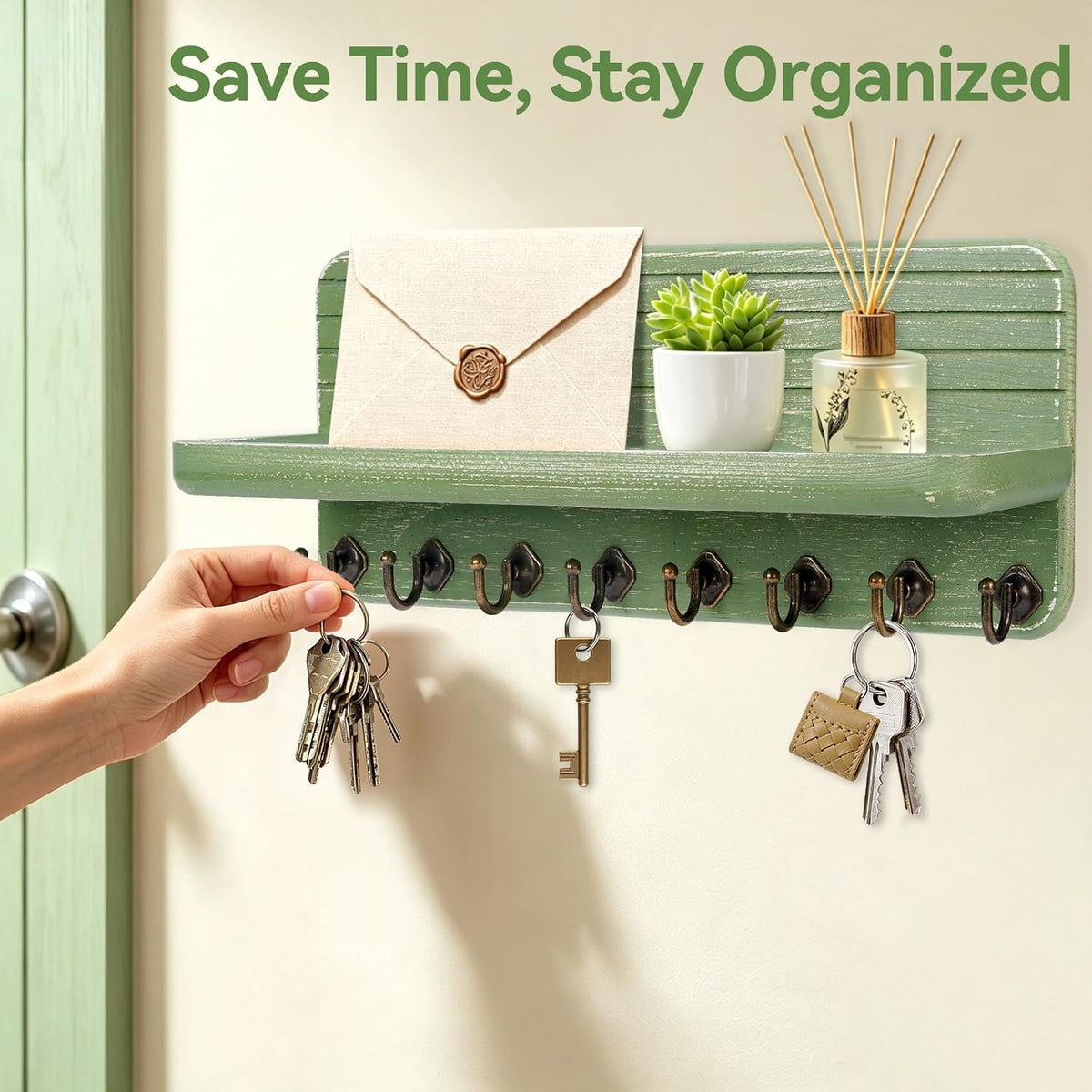 Key Holder for Wall, Mail Organizer Wall Mount with 8 Hooks Wooden Hanging Key Rack for Home Decor, Hallway, Entryway (Dark Green)