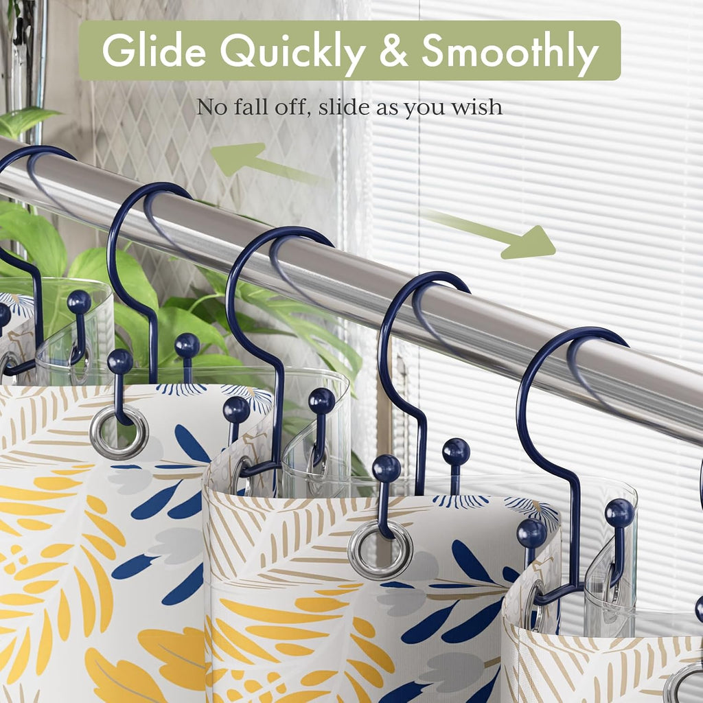 Amazer Shower Curtain Hooks Navy Blue Double Shower Curtain Hooks, Shower Curtain Rings Sturdy Stainless Steel Shower Hooks for Bathroom Shower Rod, 12Pcs Shower Curtain Hangers
