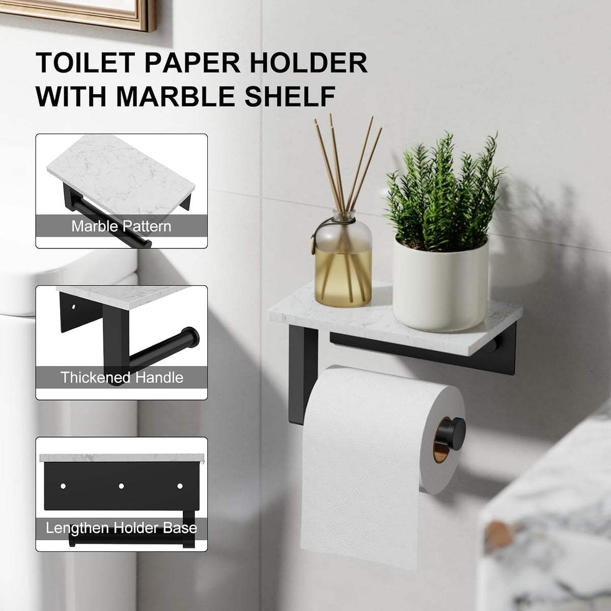 Matte Black Toilet Paper Holder with Marble Shelf Tissue Roll Holder