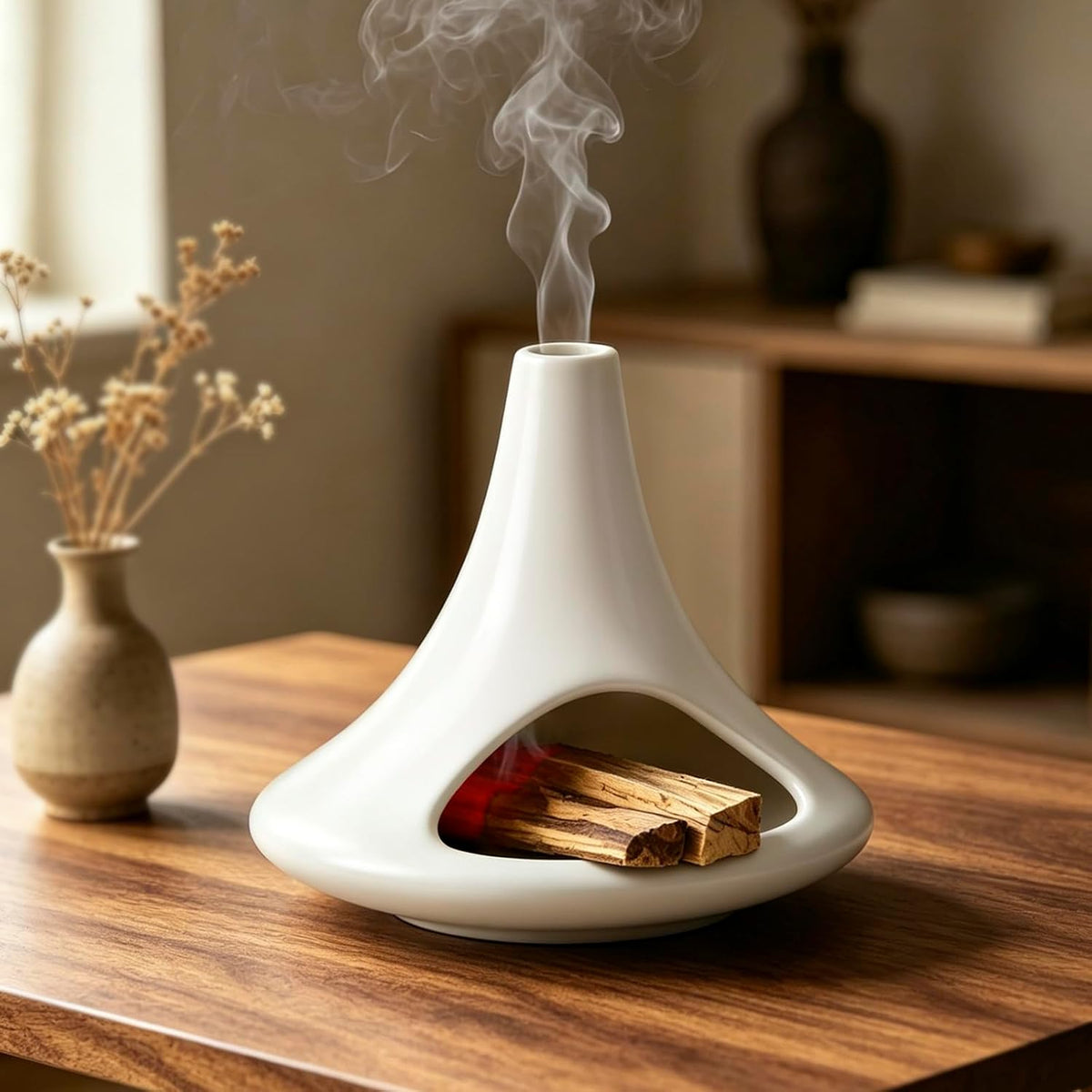 Ceramic Palo Santo Holder Matte White, Mini Chiminea Smudge Bowl Burner with Ash Catcher for Palo Santo Sticks, Incense Cones & Candles, Minimalist for Meditation, Yoga, Cleansing Ceremony, Handmade