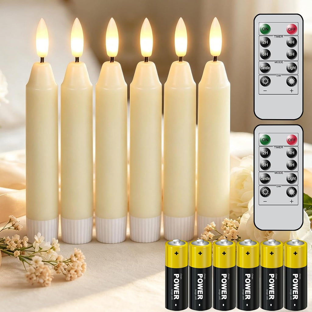 6Inch Flameless Taper Candles with Remote & 6 Batteries, Ivory