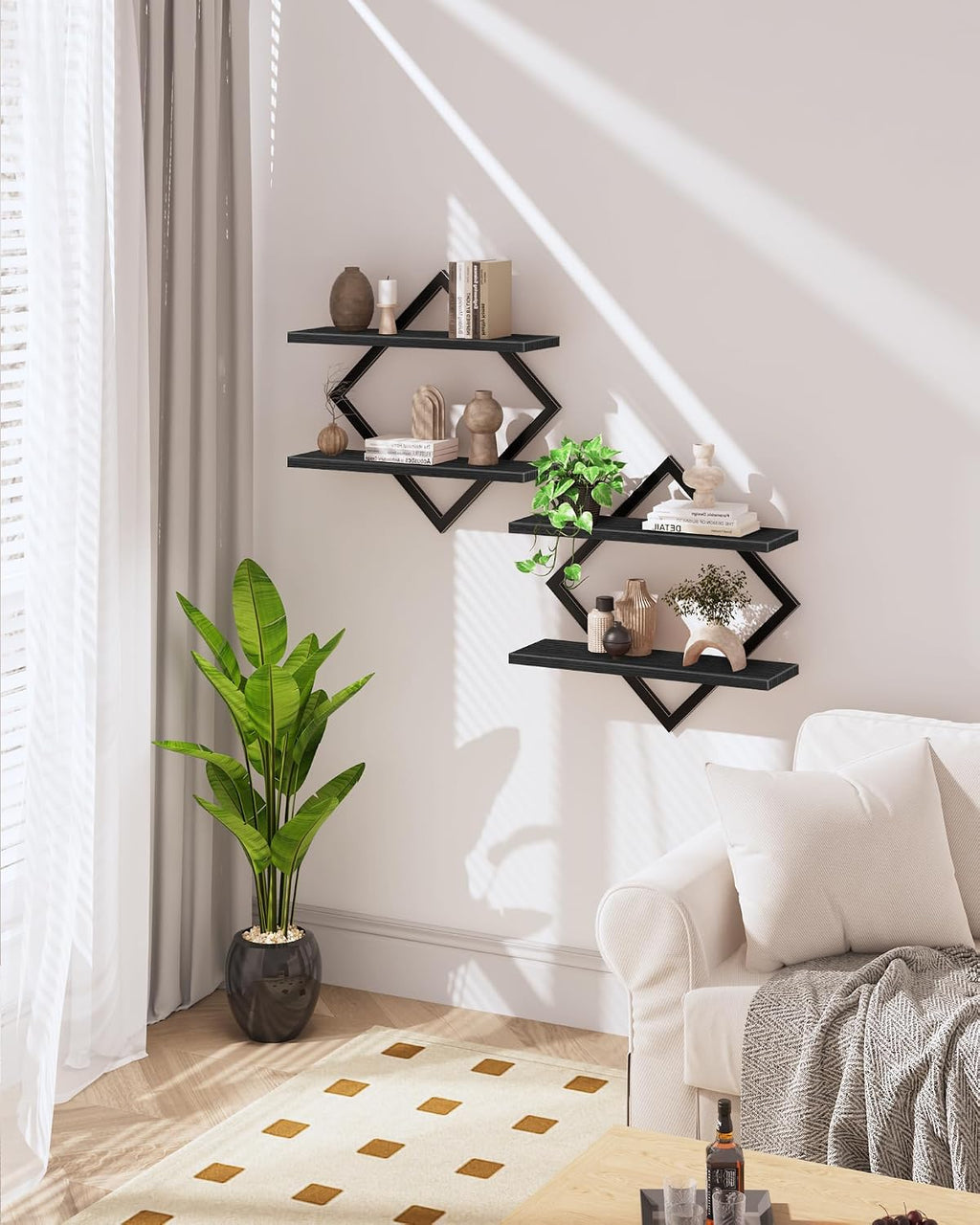 CHOEZON Floating Shelves, Set of 2 Wall Shelves, 2-Tier Hanging Shelves, Wall Shelf Set of 2, Wall Mounted Shelves, for Living Room, Bedroom, Kitchen, Office, Study, Black TBJ01P2BB