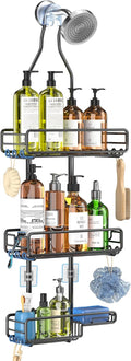 Skyapex Shower Caddy Hanging Bathroom Organizer: Over Head Adjustable Rack for Tall Showerhead - Extra Large Storage Shelf for Big Shampoo Bottles with Soap Holder