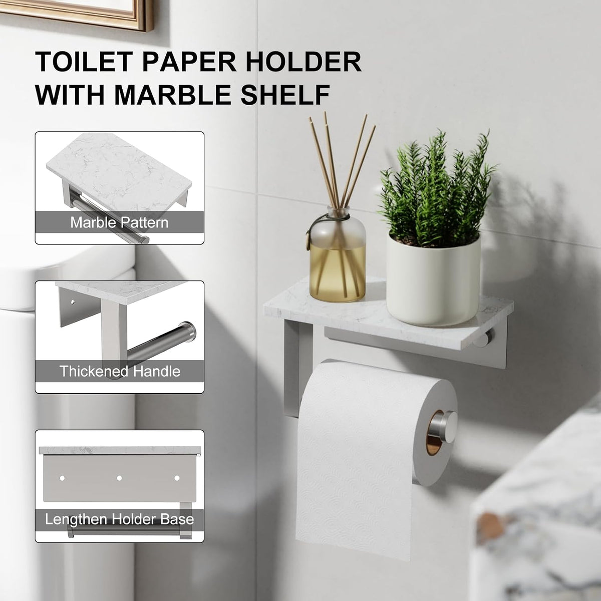 Brushed Nickel Toilet Paper Holder with Marble Shelf Tissue Roll Holder