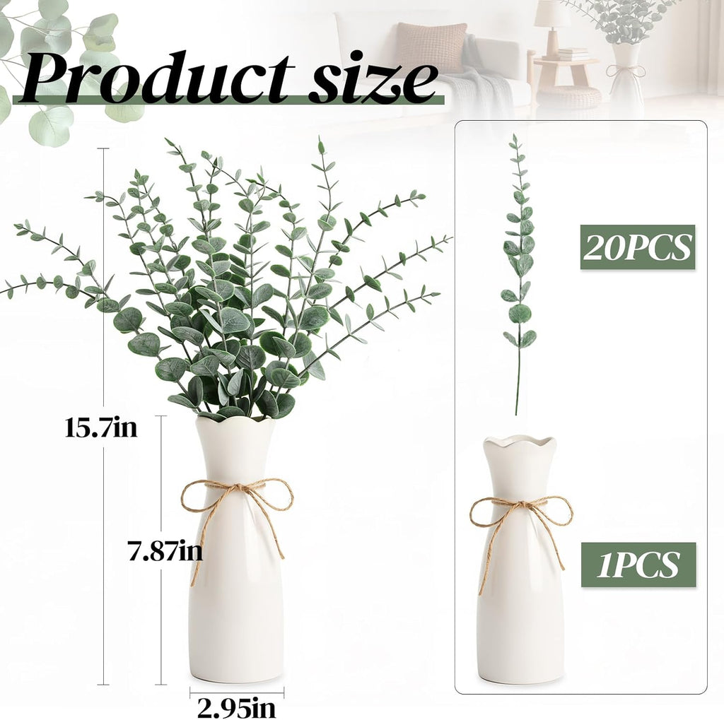 Artificial Eucalyptus Stems in White Vase, 20pcs Faux Greenery Arrangement with 7.87" Ceramic Vase, 15.7" Decorative Fake Plant for Boho Farmhouse Home Decor