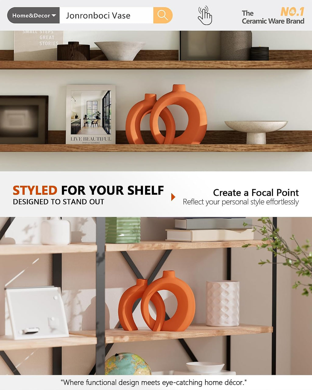 Set of 2 Orange Ceramic Vases for Home Decor Accents - Unique Hollow Donut Artistic Design Mid-Century Modern Eclectic Fall Style Decorative Vases for Shelf, Mantel, Entryway Table Decor(Matte Orange)