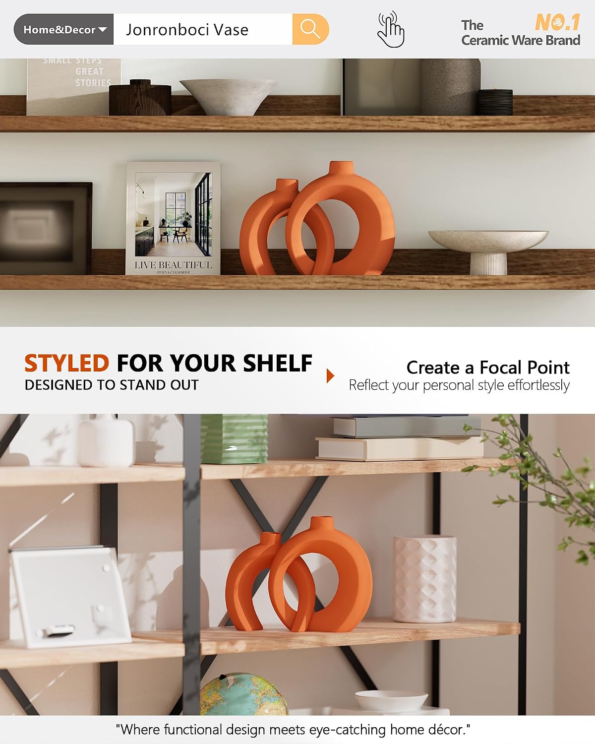 Set of 2 Orange Ceramic Vases for Home Decor Accents - Unique Hollow Donut Artistic Design Mid-Century Modern Eclectic Fall Style Decorative Vases for Shelf, Mantel, Entryway Table Decor(Matte Orange)