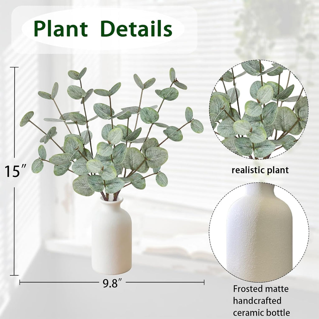 15" Artificial Eucalyptus Stems Potted Plant - Realistic Small Fake Desk Plants for Office Home Decor, Faux Plants in Frosted Ceramic Vase for Indoor Spaces, Wedding Centerpieces Table Decor-4pcs leaf