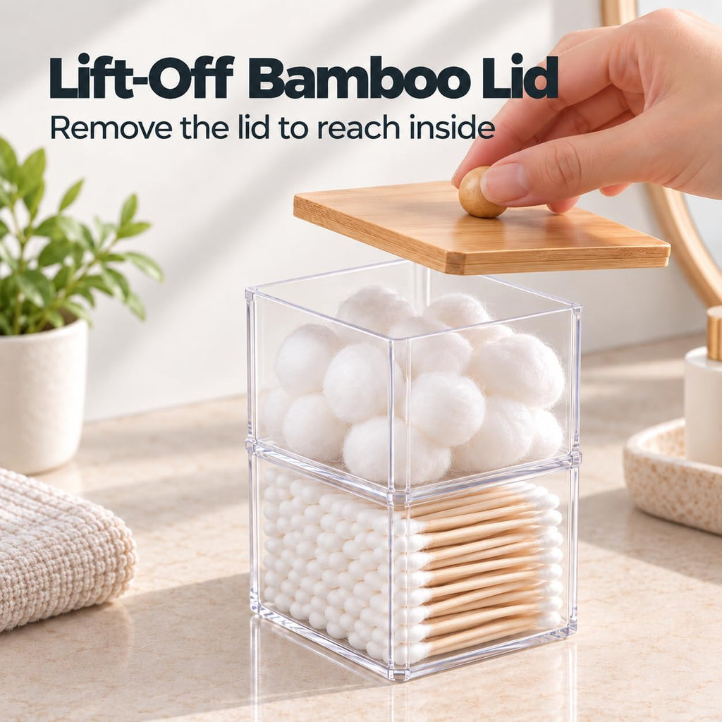 Cotton Ball Holder, Bamboo Lid, Double Layer, Stackable