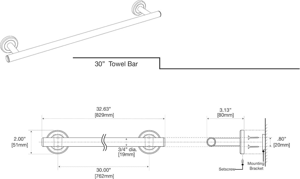 Gatco 4240A Latitude II 30-Inch Towel Bar, Wall Mounted Bathroom Towel Holder, Chrome, 32.63" Total Length