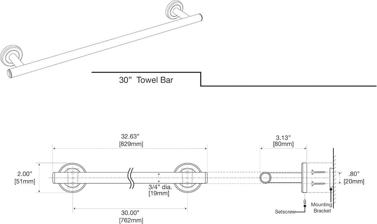 Gatco 4240A Latitude II 30-Inch Towel Bar, Wall Mounted Bathroom Towel Holder, Chrome, 32.63" Total Length