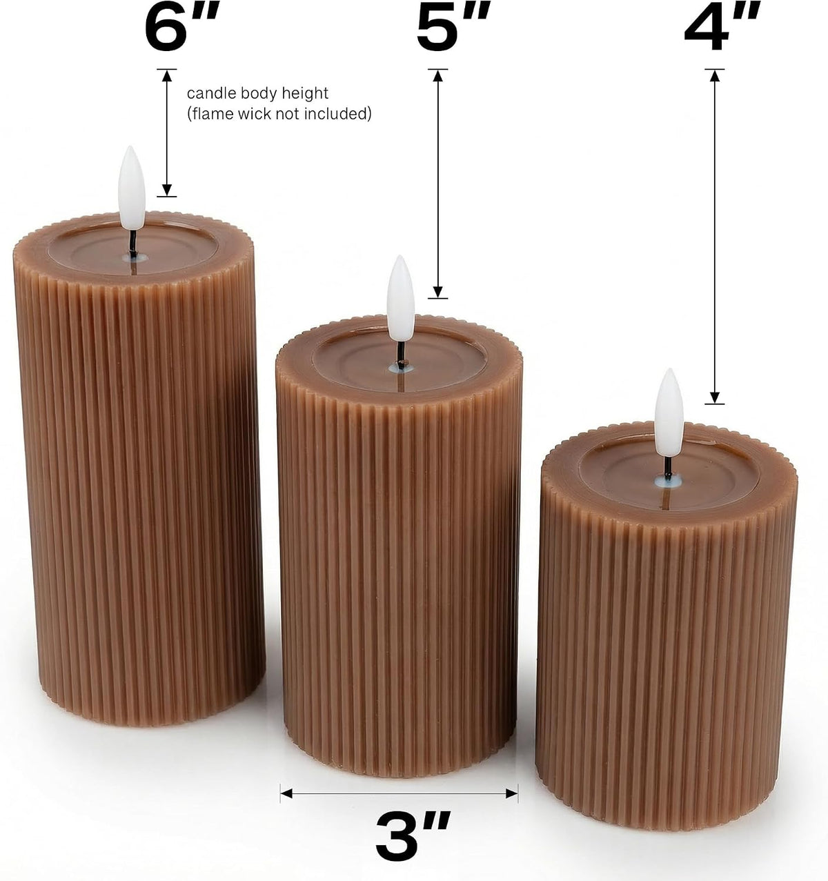 Fluted Ribbed LED Pillar Candles, Brown, with Realistic Reflective Melted-Wax Effect – Flickering Flame, Remote, Dimmable, Flameless, Battery Operated, Home & Wedding Decor (Set of 3)