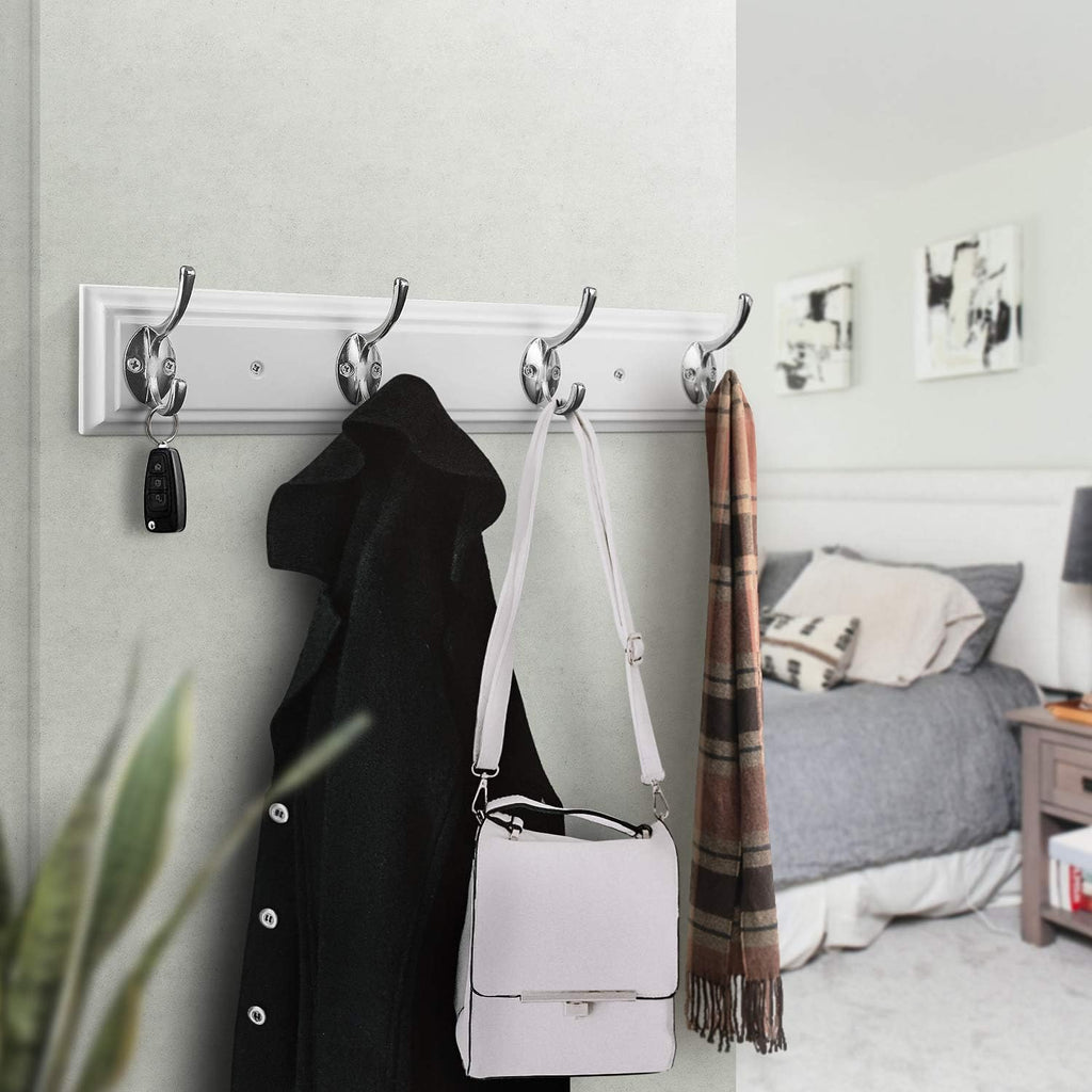 Coat Rack Wall Mounted White, 17" Wooden Modern Wall Coat Hanger with 4 Hooks, Heavy Duty Zinc Alloy Wall Hook Rack for Hanging Coats, Keys, Bags, Great Touch for Bedroom Bathroom Kitchen