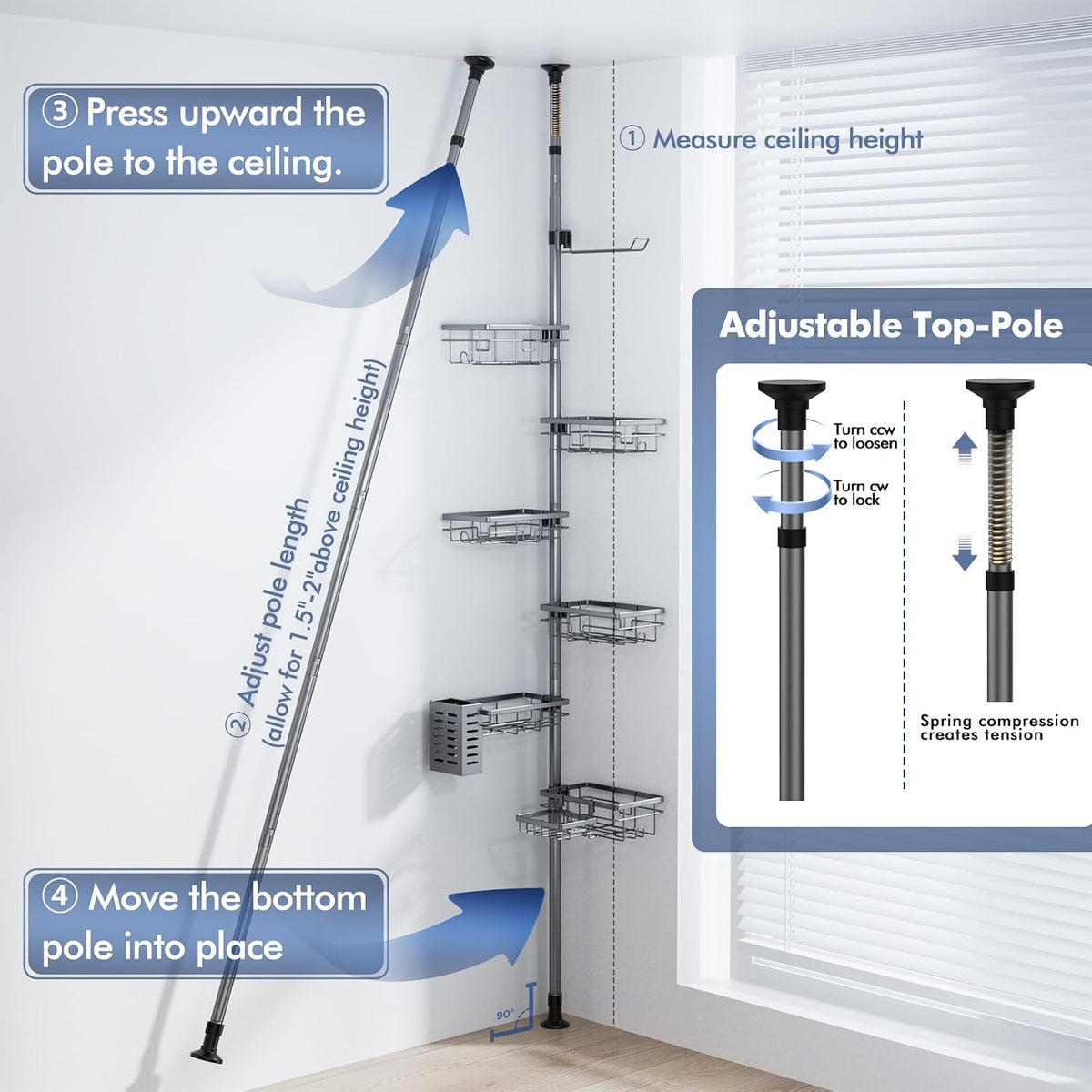 Corner Shower Caddy Tension Pole,Bathroom Shelf for Inside Shower Organizer