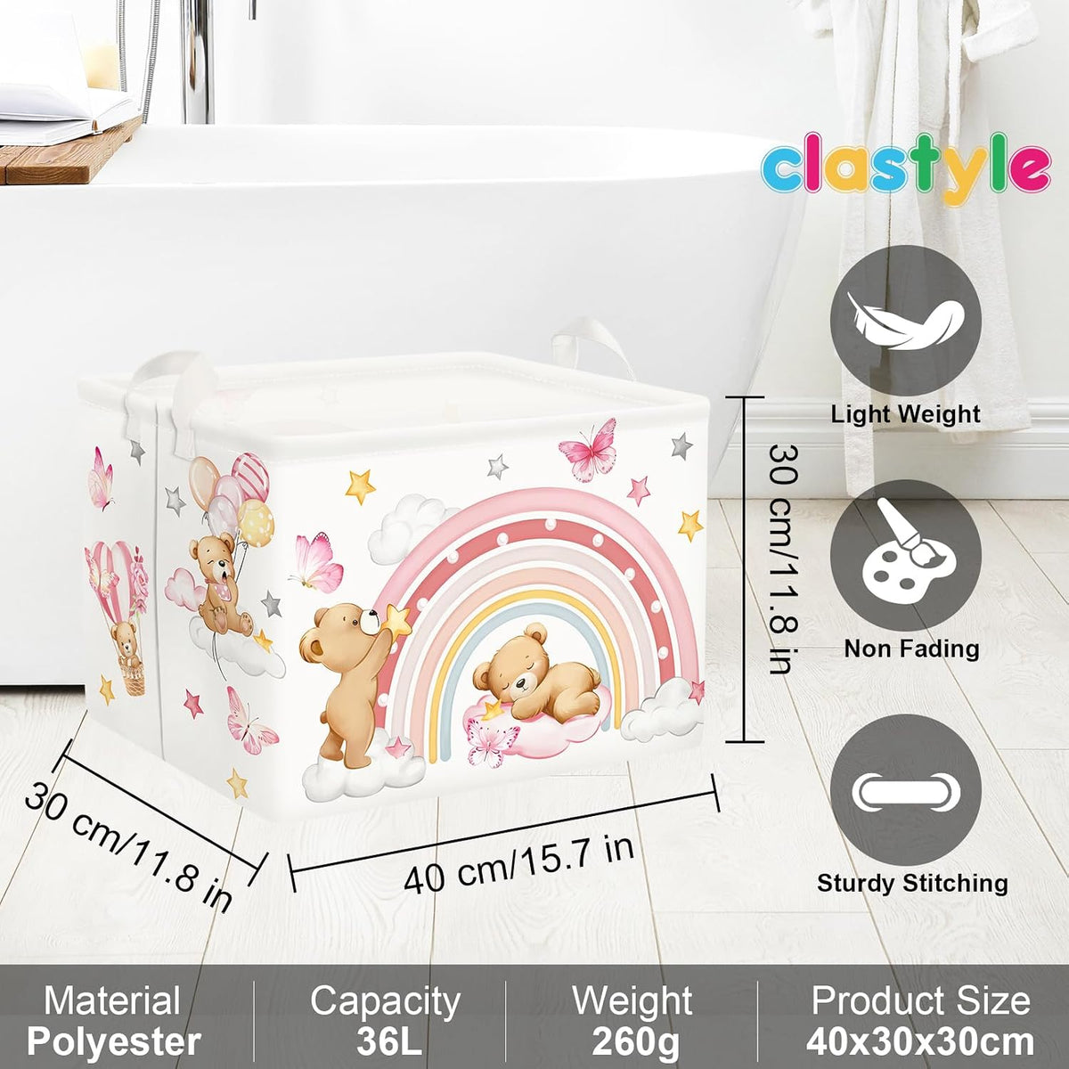 Clastyle Rainbow Kid Storage Basket Foldable Girl Laundry Hamper, 36L Bear