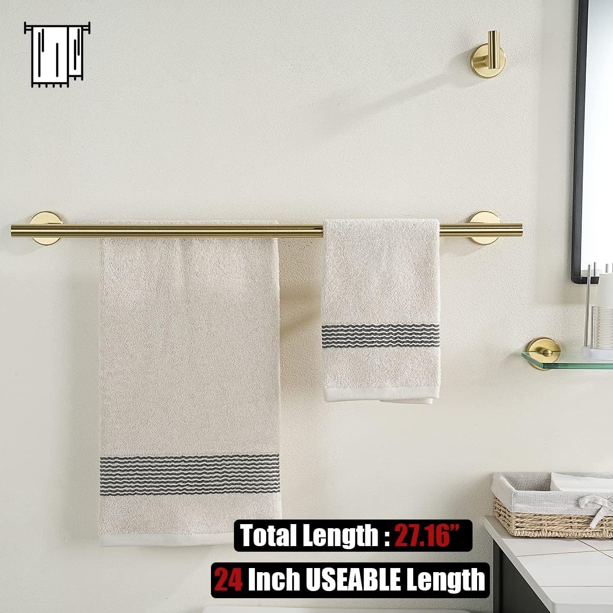 JQK Bathroom Hardware Set, 5-Piece Bath Accessories Set Brass Gold Wall Mount Includes 24 in Towel Bar, 9 in HT Bar, TP Holder, Towel Hook x 2 Brushed Gold, BAS105-BG