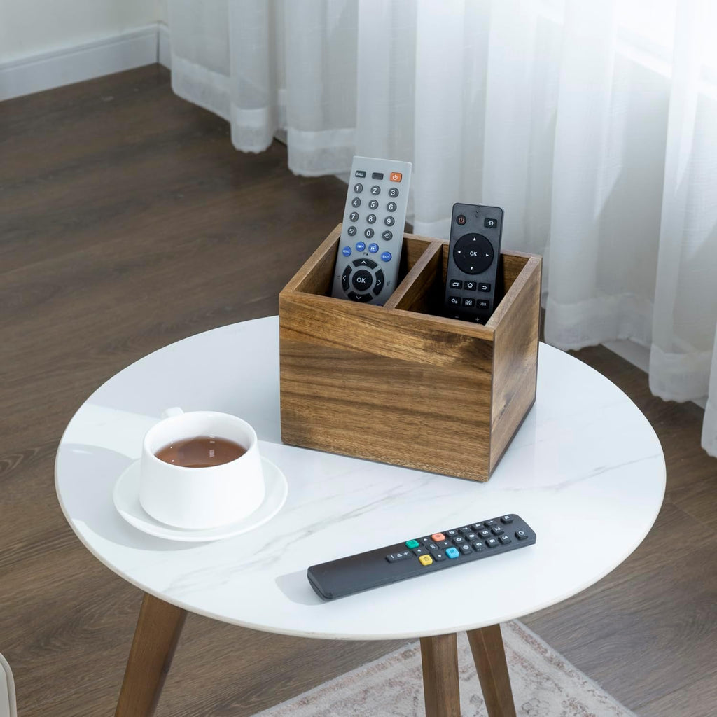 MyGift Premium Acacia Wood Remote Holder, 2 Slot TV Control Caddy
