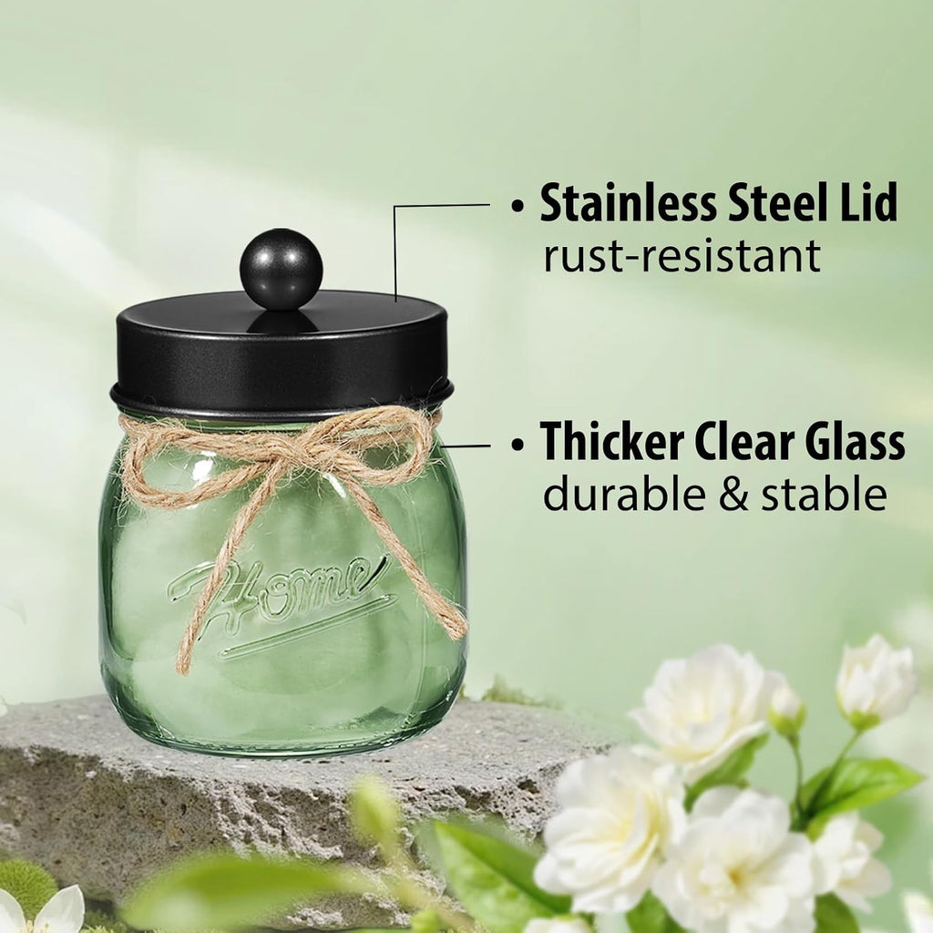 SheeChung Green Glass Mason Jar Qtip Holder Dispenser with Black Metal Lid
