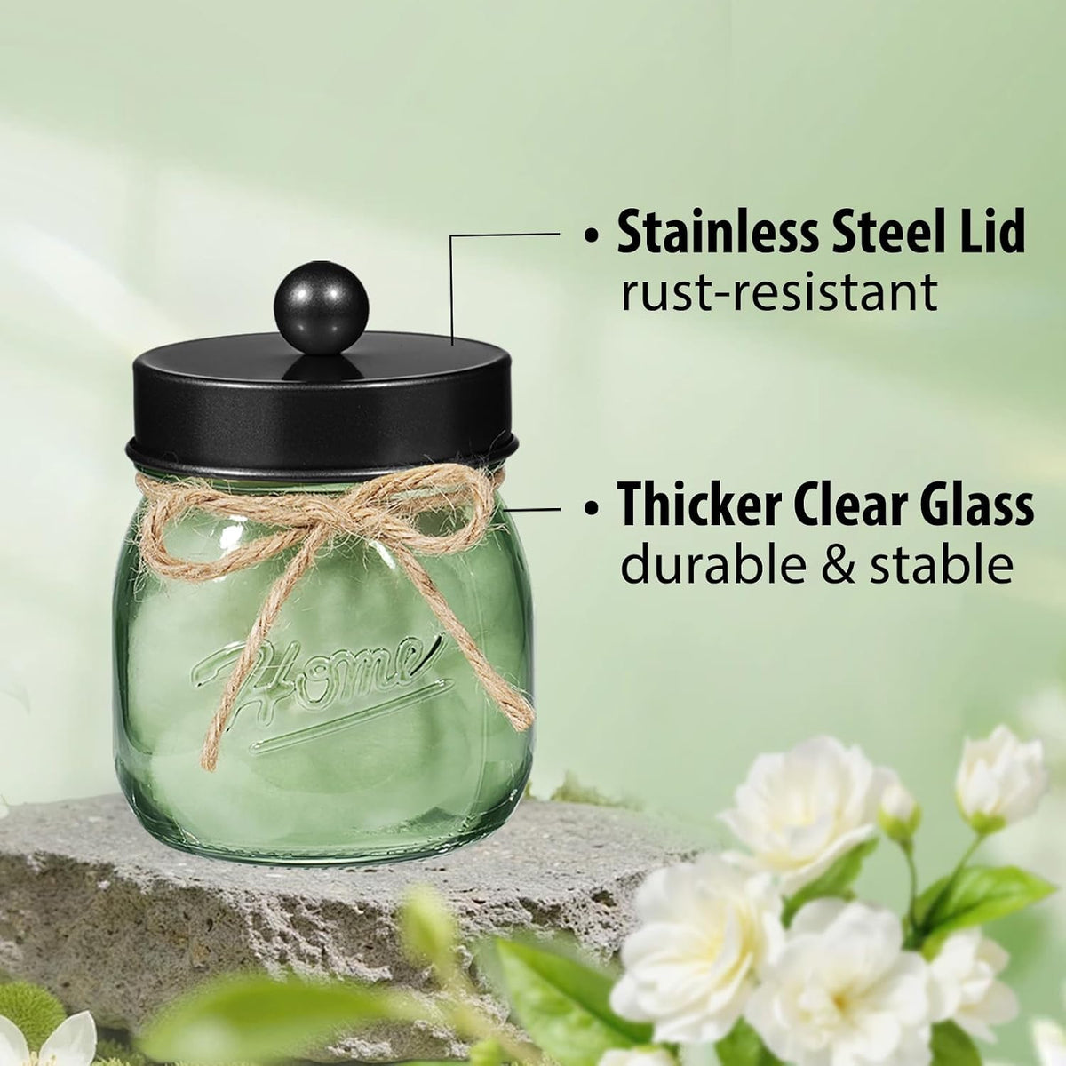 SheeChung Green Glass Mason Jar Qtip Holder Dispenser with Black Metal Lid