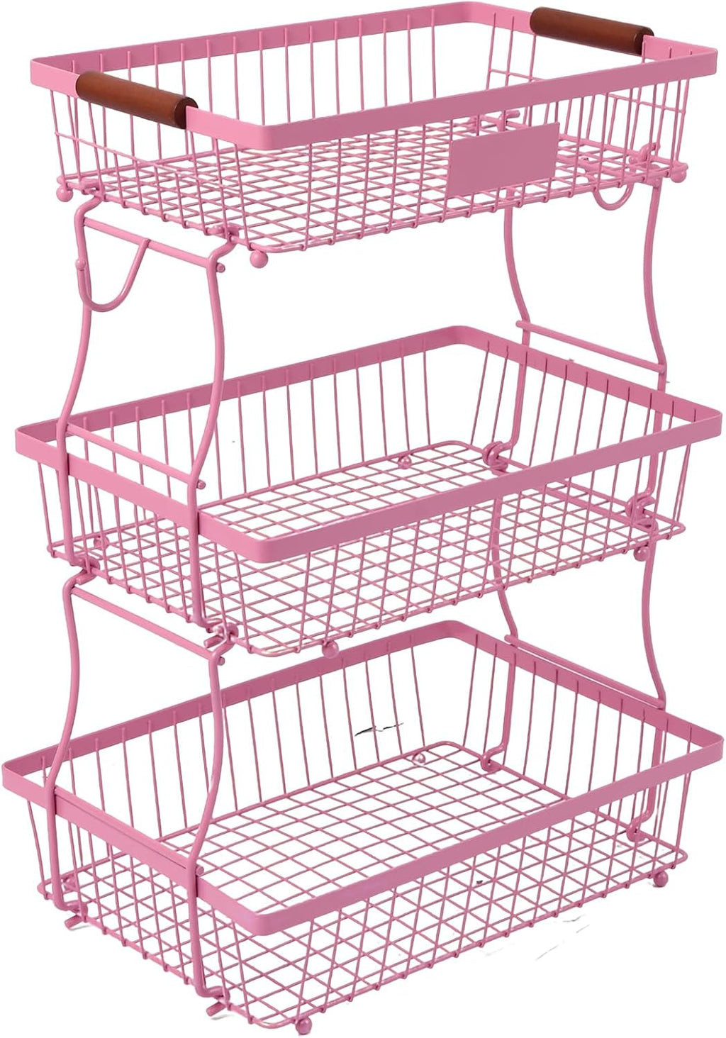 3-Tier Stackable Wire Basket with 2 Banana Hooks, Pantry Organizer for Kitchen Countertops, Cabinets & Under-Sink Spaces; Ideal for Storing Snacks, Fruits, Veggies, Onions, Potatoes, & More,Pink