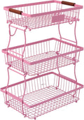 3-Tier Stackable Wire Basket with 2 Banana Hooks, Pantry Organizer for Kitchen Countertops, Cabinets & Under-Sink Spaces; Ideal for Storing Snacks, Fruits, Veggies, Onions, Potatoes, & More,Pink