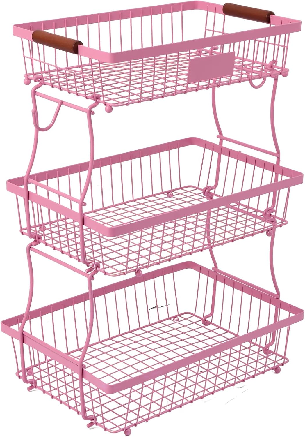 3-Tier Stackable Wire Basket with 2 Banana Hooks, Pantry Organizer for Kitchen Countertops, Cabinets & Under-Sink Spaces; Ideal for Storing Snacks, Fruits, Veggies, Onions, Potatoes, & More,Pink
