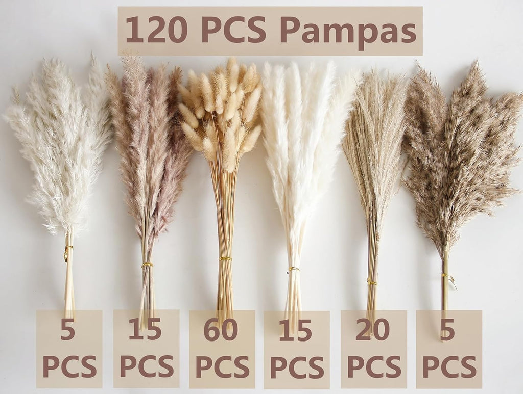 120 PCS Dried Pampas Grass Bouquet, Boho Table Decor, Bunny Tails Dried Flowers, Brown Pompas, White Pampas Grass for Wedding, Home, Rustic Party, Baby Shower Decorations