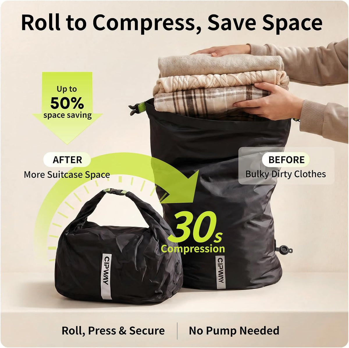 Travel Compression Laundry Bag for Dirty Clothes, 24L 2Pack