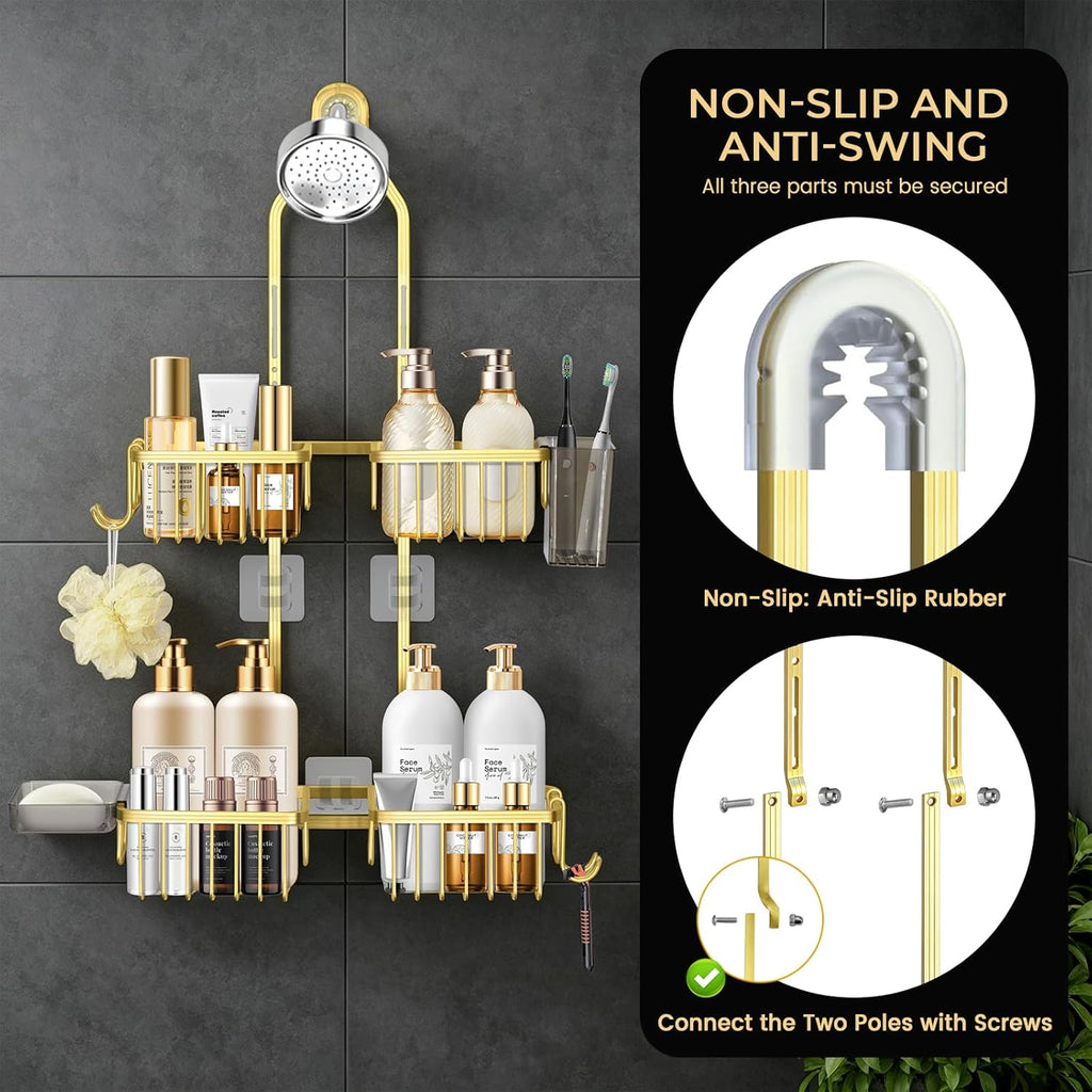 Adjustable Hanging Shower Caddy for Handheld Showerhead, Rustproof Aluminum Over Shower Head Organizer, Renter-Friendly No-Swing Storage for Tall Bottles & Soap, 2-Tier, Gold