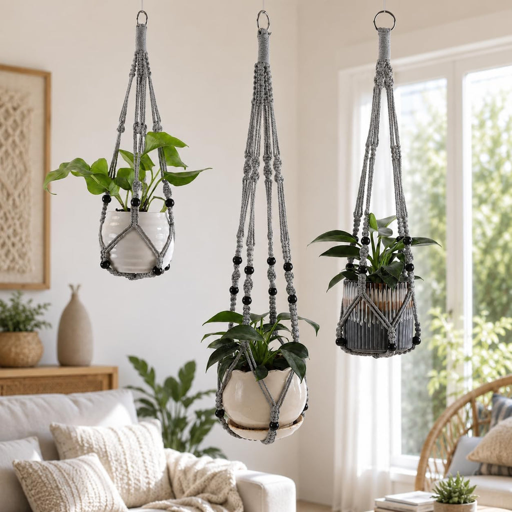 Macrame Plant Hangers with Beads for Indoor and Outdoor, 3 Pack