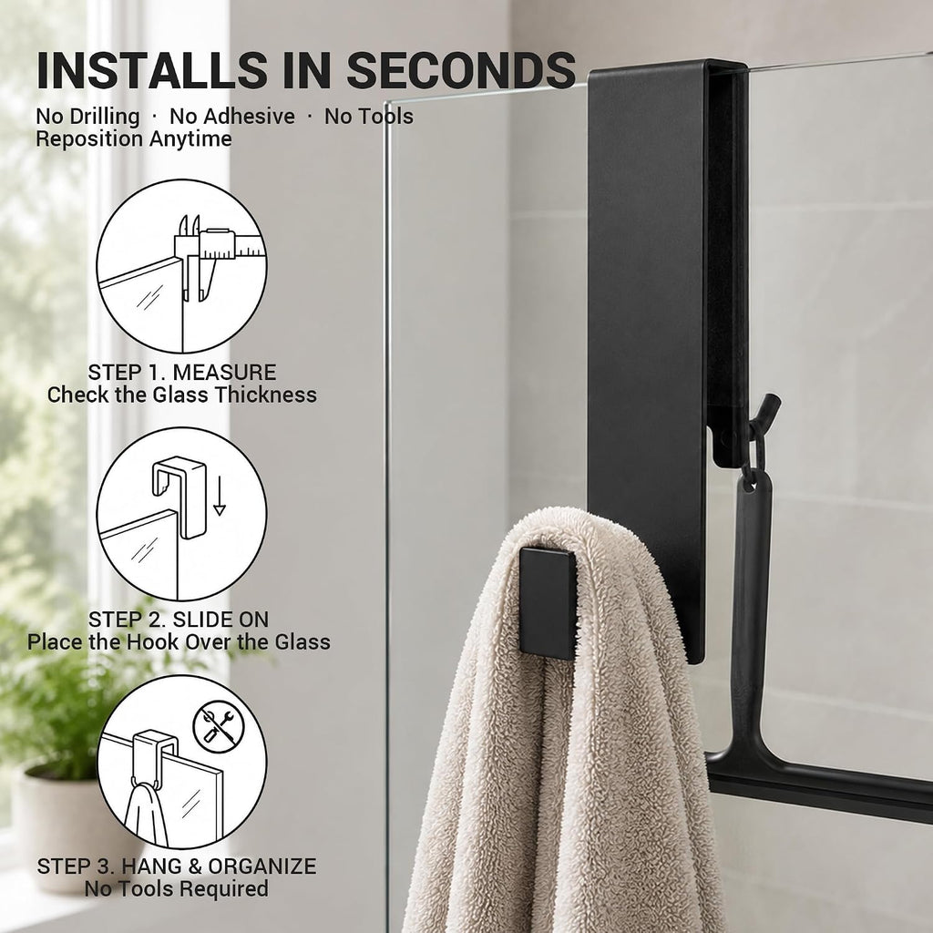 Zidox Shower Door Hooks for Frameless Glass, Double-Sided Over The Glass Towel Hook & Squeegee Holder, Rubber Covered Scratch-Free Bathroom Shower Hooks for Up to 1/2" Door (Matte Black, 2 Pack)