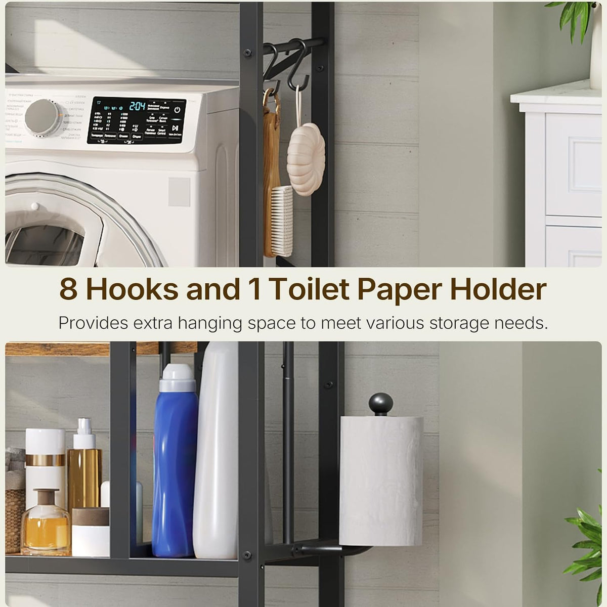 YATINEY Over The Toilet Storage Rack, 3-Tier Bathroom Organizer Shelf, Above Toilet Storage with Paper Holder 8 Hooks, Over The Toilet Storage Cabinet for Bathroom, Rustic Brown and Black TR06BR