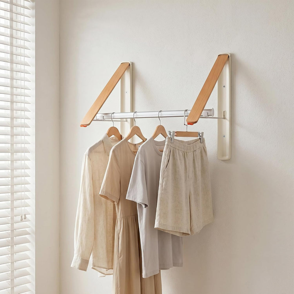 LEQ Clothes Drying Rack Wall Mounted, Foldable Laundry Drying Rack with Wood-Tone Aluminum Frame, Rustproof Retractable Clothes Hanger for Small Laundry Room, Bathroom, Balcony,(White, 2 Racks + Rod)