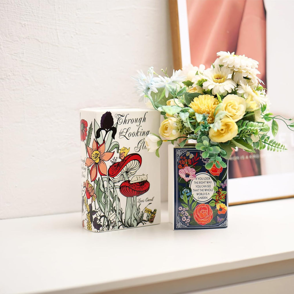 Book-Shaped Decorative Vase,Romehaha Book Vase for Flowers,Modern Ceramic Aesthetics Infused with Artistic Cultural Style,Cute Bookshelf Decor(Large - Through The Looking Glass)