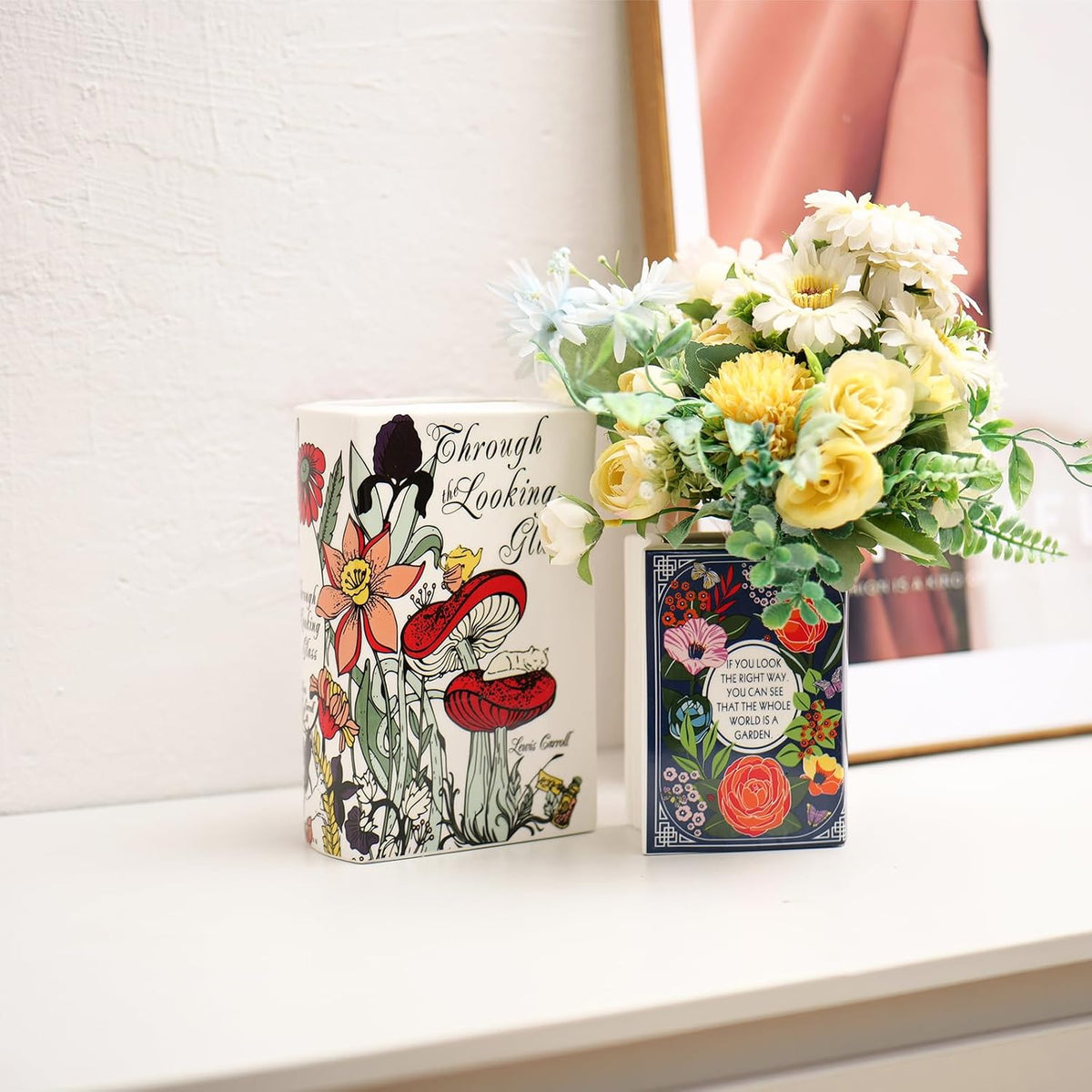 Book-Shaped Decorative Vase,Romehaha Book Vase for Flowers,Modern Ceramic Aesthetics Infused with Artistic Cultural Style,Cute Bookshelf Decor(Large - Through The Looking Glass)