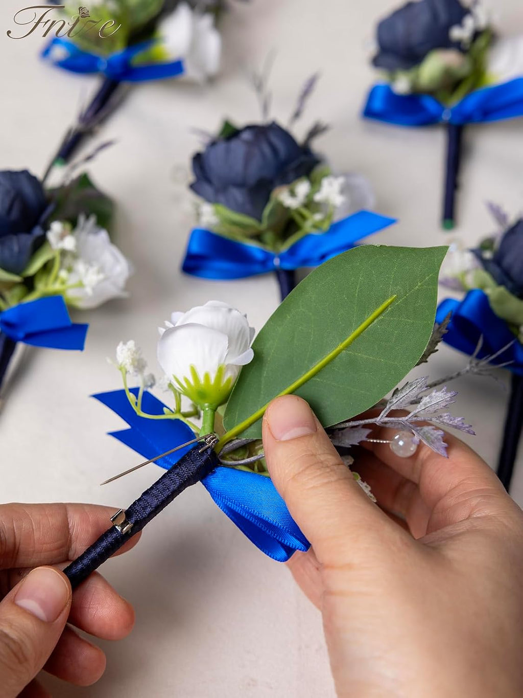 Fnize Navy Blue Boutonniere for Men Set of 6 Groom Groomsmen Wedding