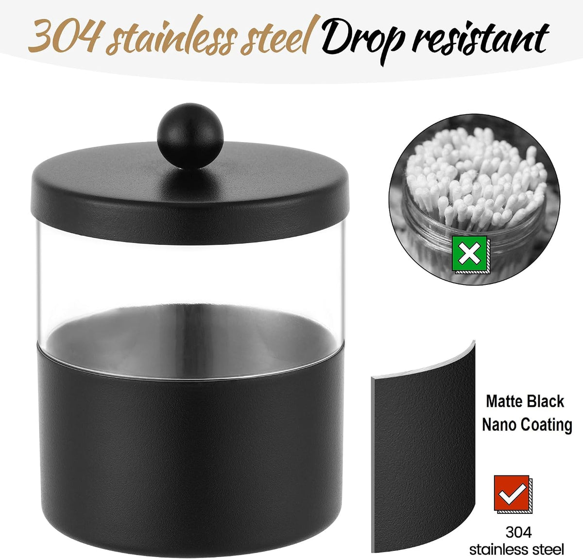 Gaussra Black Apothecary Jar, Black Qtip Holder, Bathroom Jar with Stickers