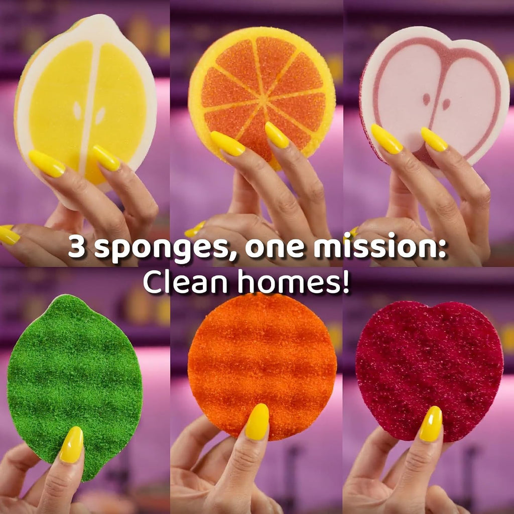 O-Cedar Punch Fruit-Shaped Scrub Sponge Variety Pack, 6 Count | Flexible, Multi-Use & Heavy Duty Fruit-Shaped Scrub sponges | Reaches, adapts & Powers Through Messes