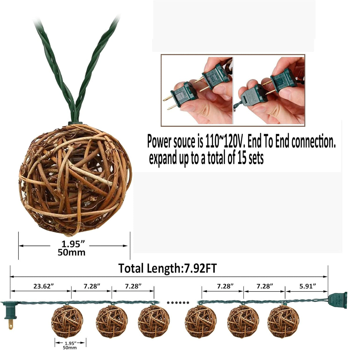 Decorative String Lights, with 10 Count Mini Natural Globe Rattan Ball