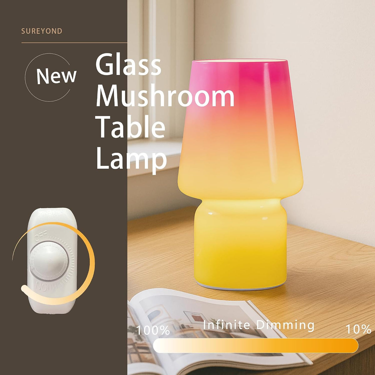 Mushroom Lamp,Mother's Day Gifts,Small Table Lamp,Cute Nightstand Kitchen Mini Lamp,Glass Table Lamp,Suitable for Bedrooms, Kitchens, Living Rooms, Bedside, Girl Gifts（Pink Gradient）