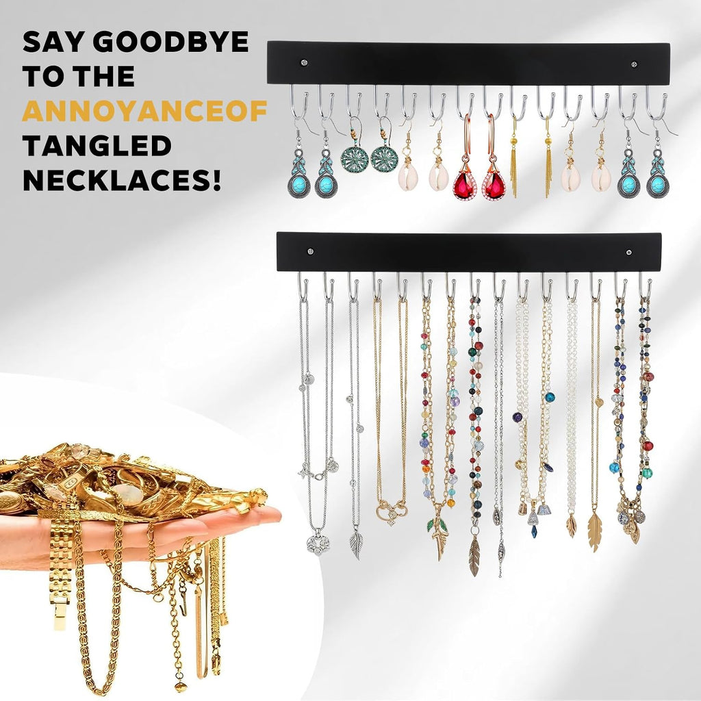 4 Pack Necklace Holder Wall Mount, Tangle-Free Wall Necklace Organizer with 14 Hooks, Wooden Jewelry Hanger, for Chains, Bracelets, Earrings, Black