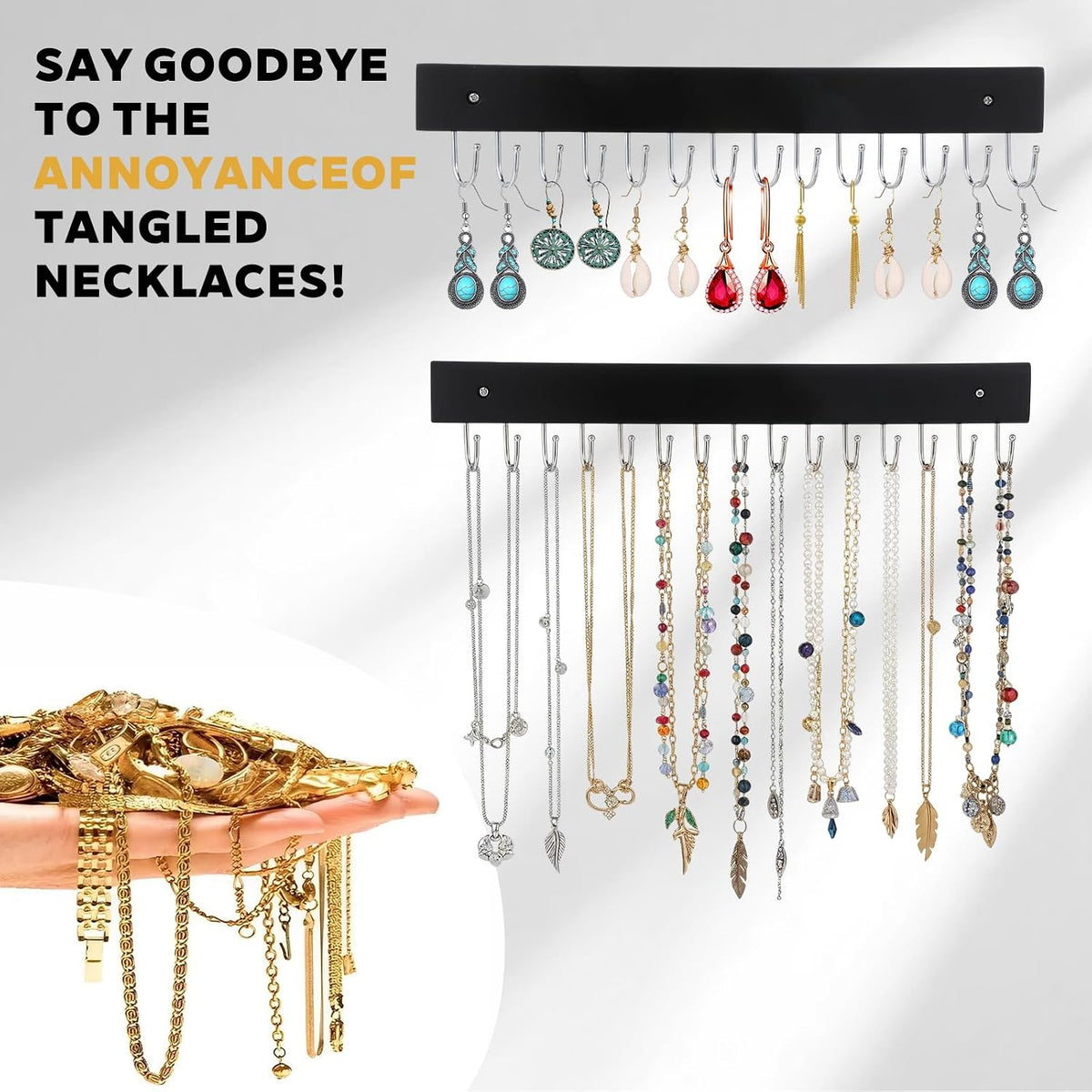 4 Pack Necklace Holder Wall Mount, Tangle-Free Wall Necklace Organizer with 14 Hooks, Wooden Jewelry Hanger, for Chains, Bracelets, Earrings, Black