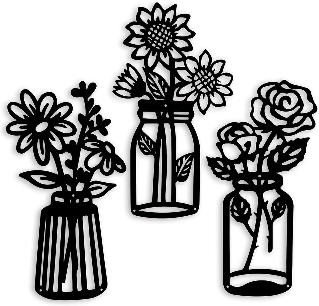 qzmaikoo 3 Pieces Sunflower Roses Daisy Black Metal Flowers Wall Decor Metal Vase Wall Art Metal Wall Sculptures Hanging for Indoor Kitchen Bathroom Bedroom living room,14.56x7.87 inches