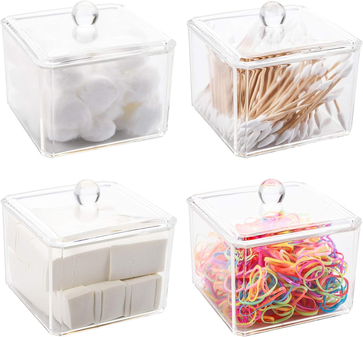 Hedume 4 Pack Swabs Dispenser Holder, 15 Oz Clear Acrylic Canister Set, Modern Square Bathroom Vanity Countertop Storage Organizer for Cotton Ball, Cotton Swab, Cottons Rounds, Bath Salts