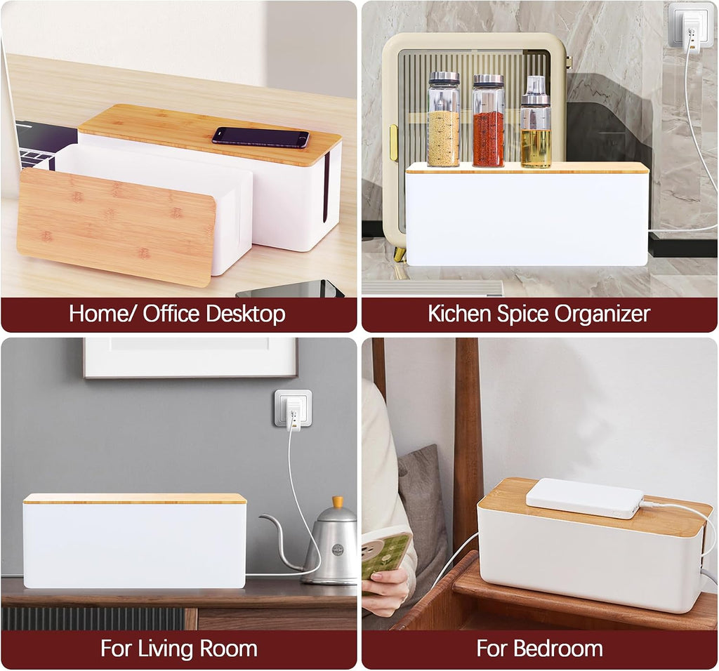 Cable Management Box,2 Pack Wooden Style Large Cable Organizer Box for Office and Home,Cable Organizer Box with Proof Lock for Baby-Pets,Wood Lid（White,2 Pack