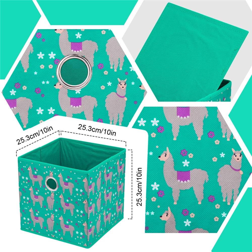 Fabric Strorage Cubes Box Basket Bins Foldable 10x10x10 Inch Lake Green Alpaca Pattern for Closet Organizer Inserts Drawers ,QY-SC16-3