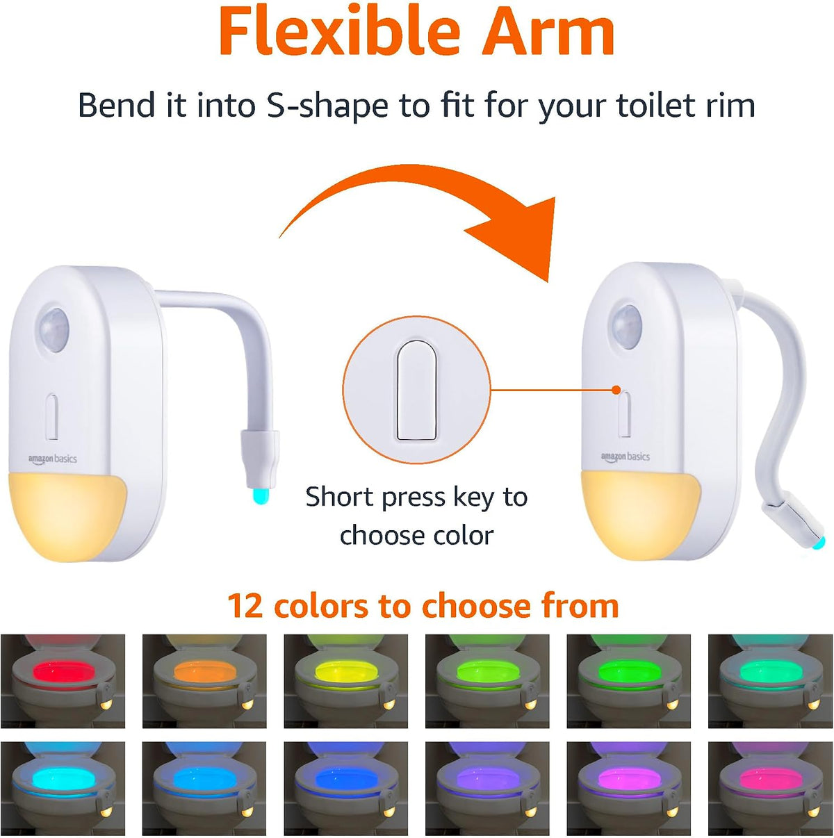 Amazon Basics Color Changing LED Toilet Bowl Motion Sensor Light, Battery Operated, Auto-off After 60 Seconds, 15 ft Detection Range, 2 Pack, White